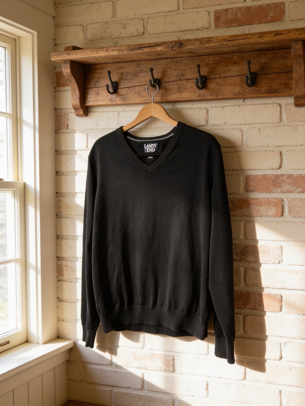 Lands' End Men's Large Fine Gauge 100% Cotton V-Neck Black Sweater Classic